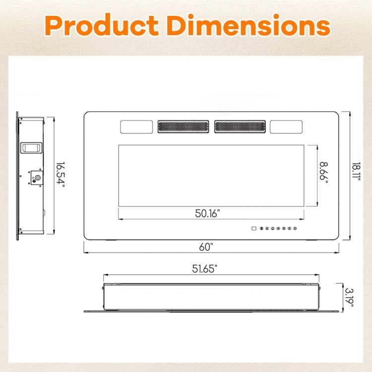 Dimensions of the 60-inch ultra-thin electric fireplace, showcasing 50.16" width and 3.19" thickness for easy.