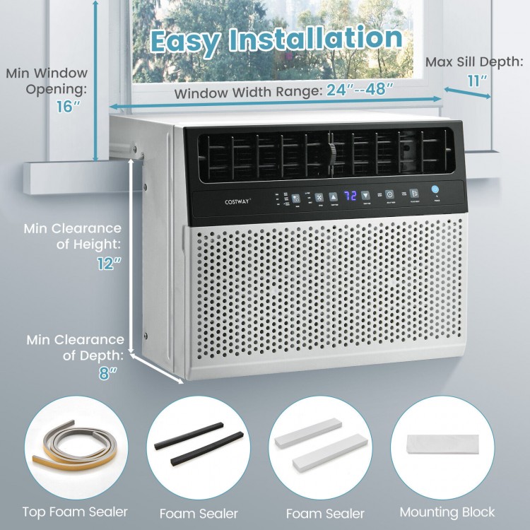 12000 BTU window air conditioner with remote, featuring a sleek design and easy installation for efficient cooling.