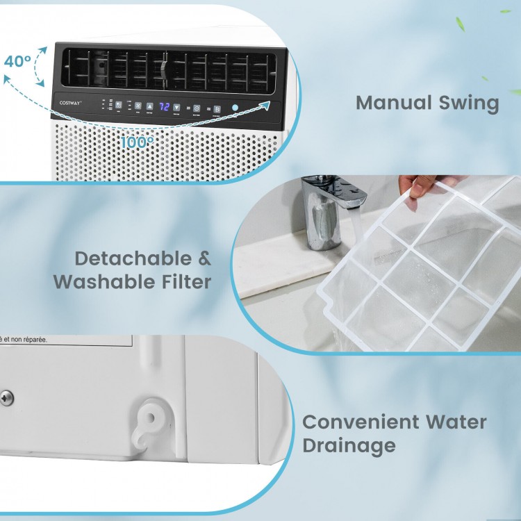 Close-up of the 12000 BTU window air conditioner showing the washable filter and convenient water drainage features.