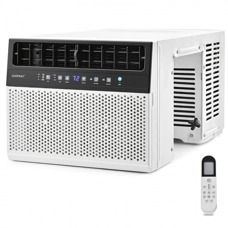 12000 BTU window air conditioner with remote control, featuring 6 modes and a washable filter for efficient cooling.