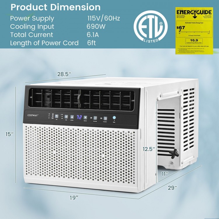 12000 BTU window air conditioner with remote control, 6 cooling modes, and 24-hour timer for efficient home cooling.