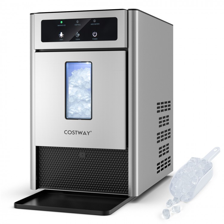 Close-up view of the countertop nugget ice maker's ice basket, showcasing its 3.5 lbs capacity for easy storage.