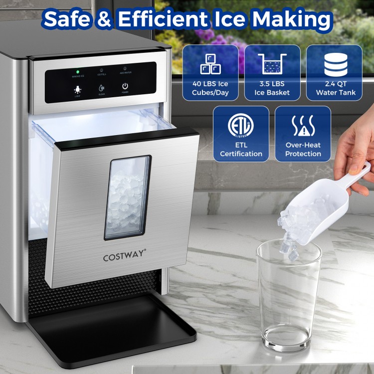Countertop nugget ice maker with transparent window, 3.5 lbs basket, and ETL certification for safe use.
