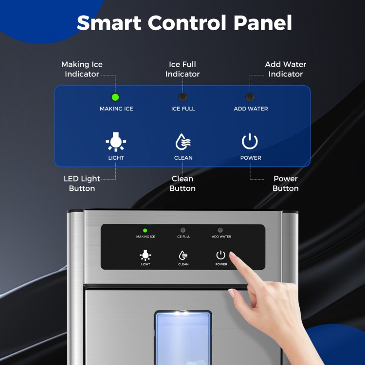 Smart control panel of the countertop nugget ice maker with indicators for ice making, water addition, and cleaning.