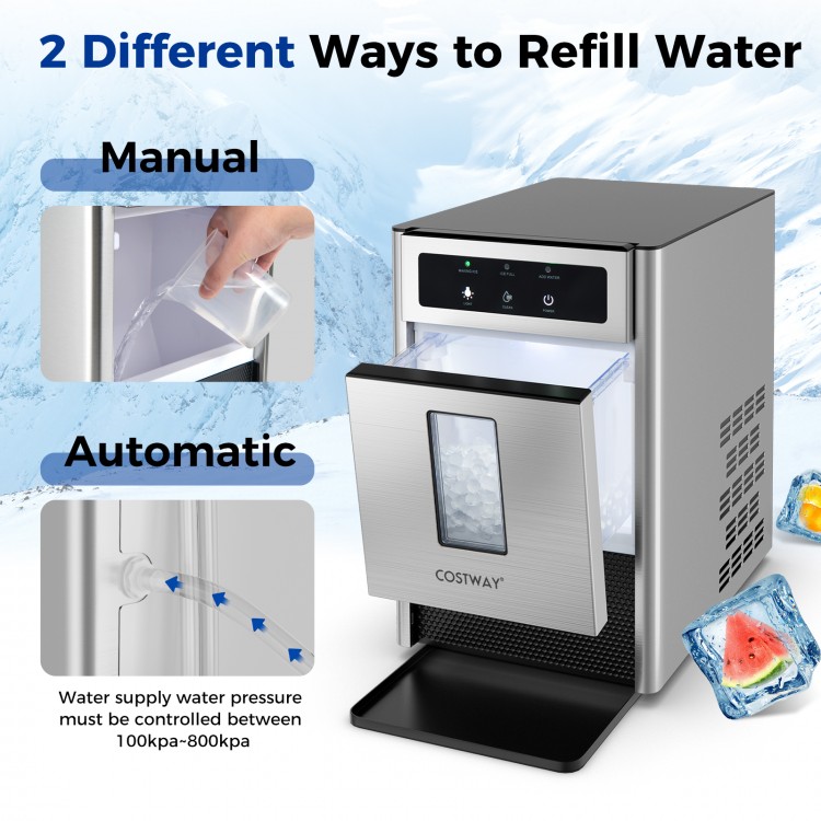 Countertop nugget ice maker with manual and automatic water refill options, producing 33 lbs of ice daily for easy.