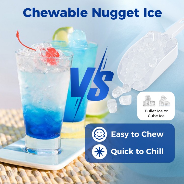 Countertop Nugget Ice Maker with ice scoop, producing chewable ice quickly, featuring a transparent window and safety.