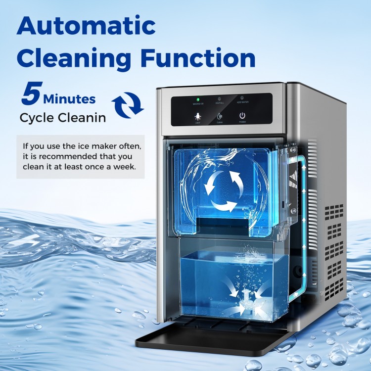 Countertop nugget ice maker with automatic cleaning function and transparent window, producing 33 lbs of ice daily.