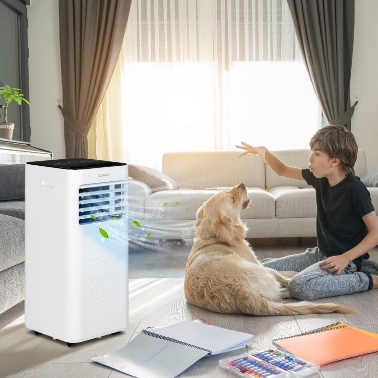 Portable air conditioner in white with remote control, cooling a room, ideal for comfortable indoor living.