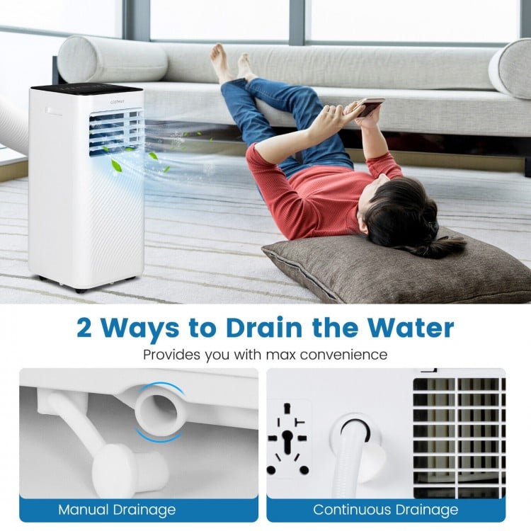 Portable air conditioner with remote control, featuring manual and continuous drainage options for convenience.