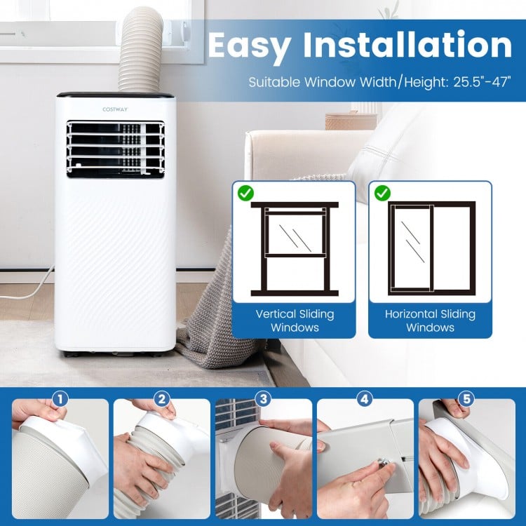 Portable air conditioner installation guide showing window kit compatibility for vertical and horizontal sliding.