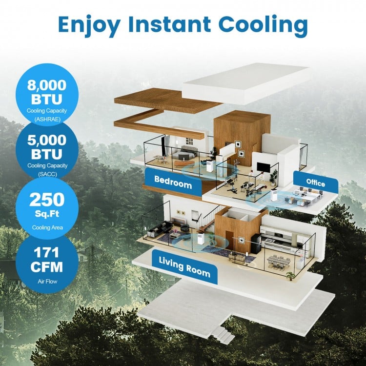 8000 BTU portable air conditioner in black, featuring remote control, sleep mode, and quick cooling for rooms up to 250.