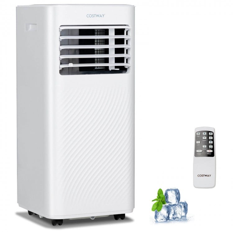 8000 BTU air conditioner in white with remote control, featuring cooling, fan, dehumidifier, and sleep mode for.