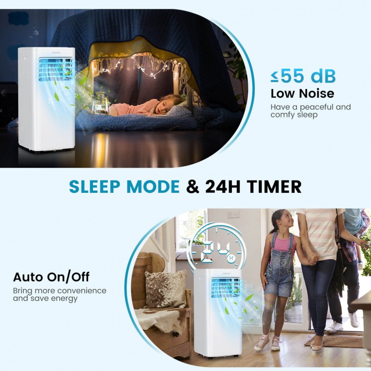 4-in-1 8000 BTU air conditioner in white with sleep mode, LED panel, and 24H timer for efficient cooling and.