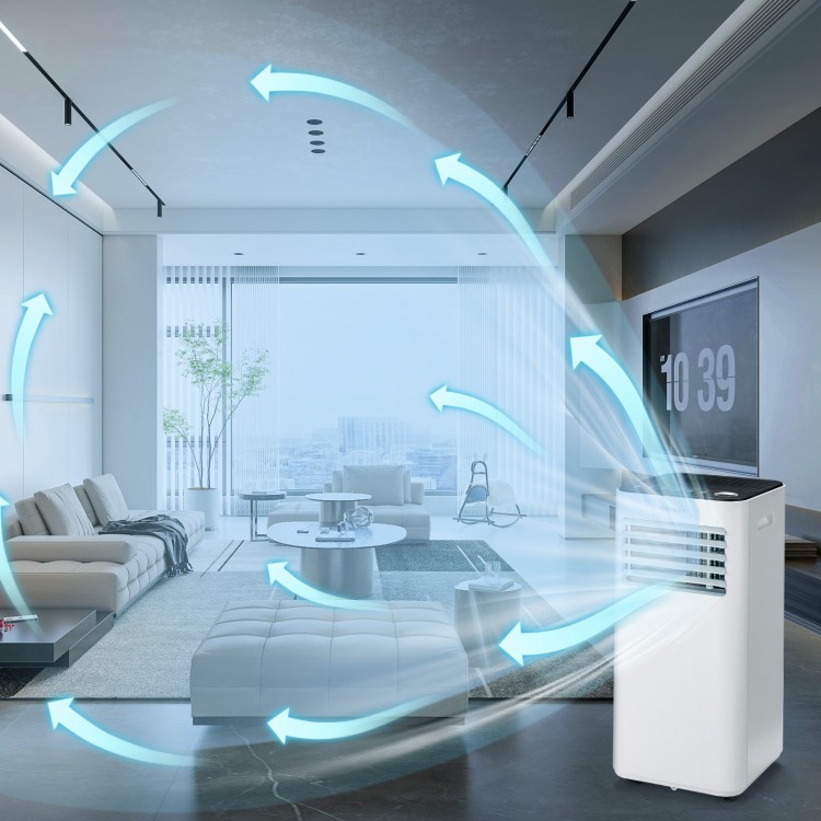 8000 BTU portable air conditioner in white with adjustable airflow, cooling, dehumidifying, and fan modes for indoor.