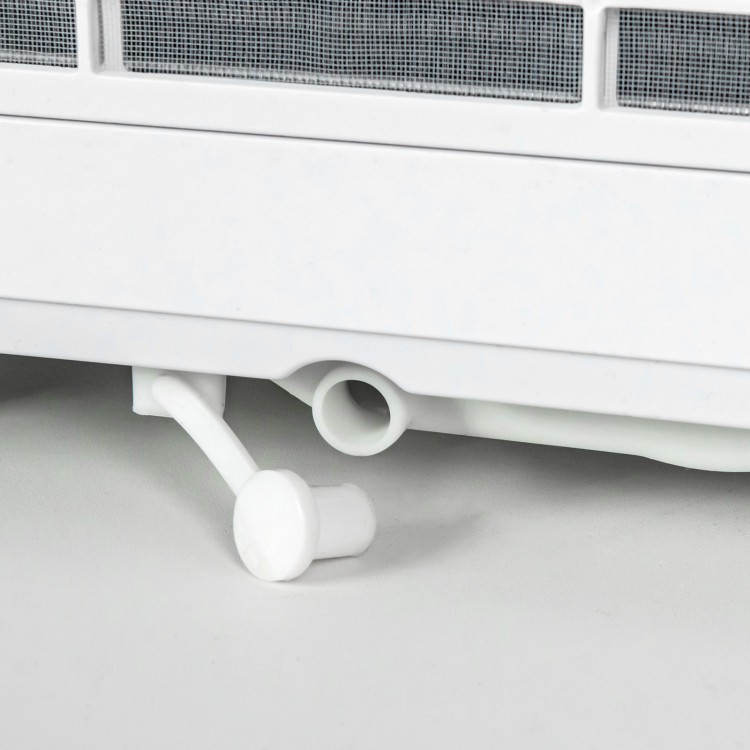 Close-up of the drainage outlet on the 8000 BTU portable air conditioner with fan and dehumidifier mode, white finish.