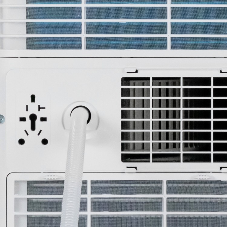Close-up of the exhaust hose connection on the 8000 BTU portable air conditioner, designed for easy installation and.