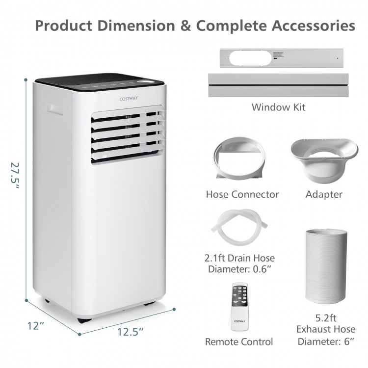 Portable 8000 BTU air conditioner with fan and dehumidifier, includes exhaust hose, window kit, and remote control.