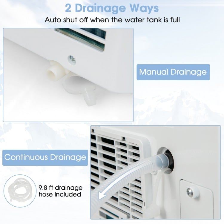 Close-up of the drainage options for the 6000 BTU portable air conditioner, featuring manual and continuous drainage.