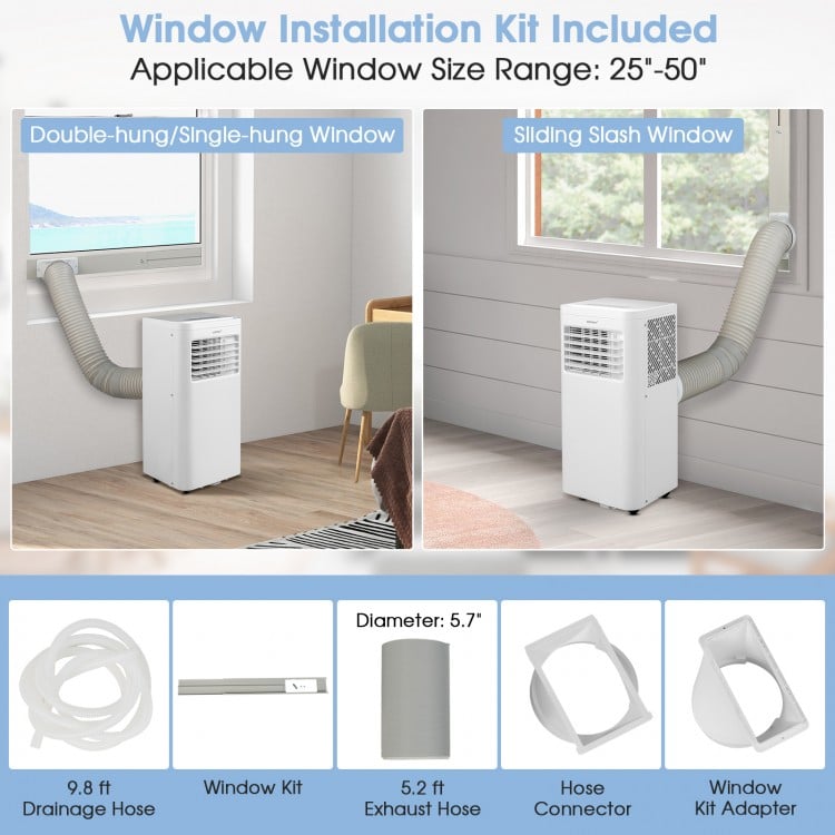 Portable air conditioner installation kit for double-hung and sliding windows, suitable for 25"-50" sizes.