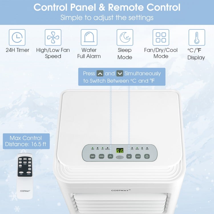 Control panel and remote of the 6000 BTU portable air conditioner with LED display and adjustable settings for easy use.