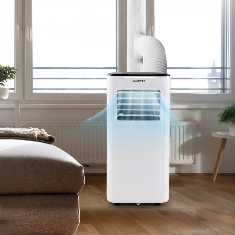 Compact 9000 BTU air conditioner with remote control, dehumidifier, and 24-hour timer for efficient cooling.