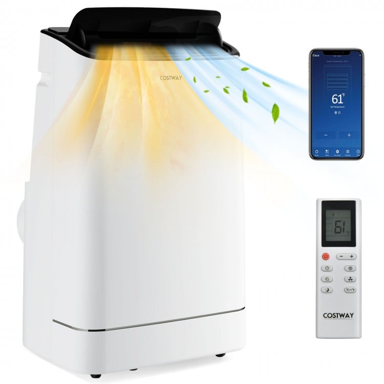 15000 BTU portable air conditioner in white with remote control, showcasing cooling and heating functions for versatile.
