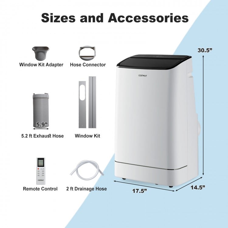 15000 BTU portable air conditioner with heat, featuring a window kit, hose connector, and remote control for easy setup.
