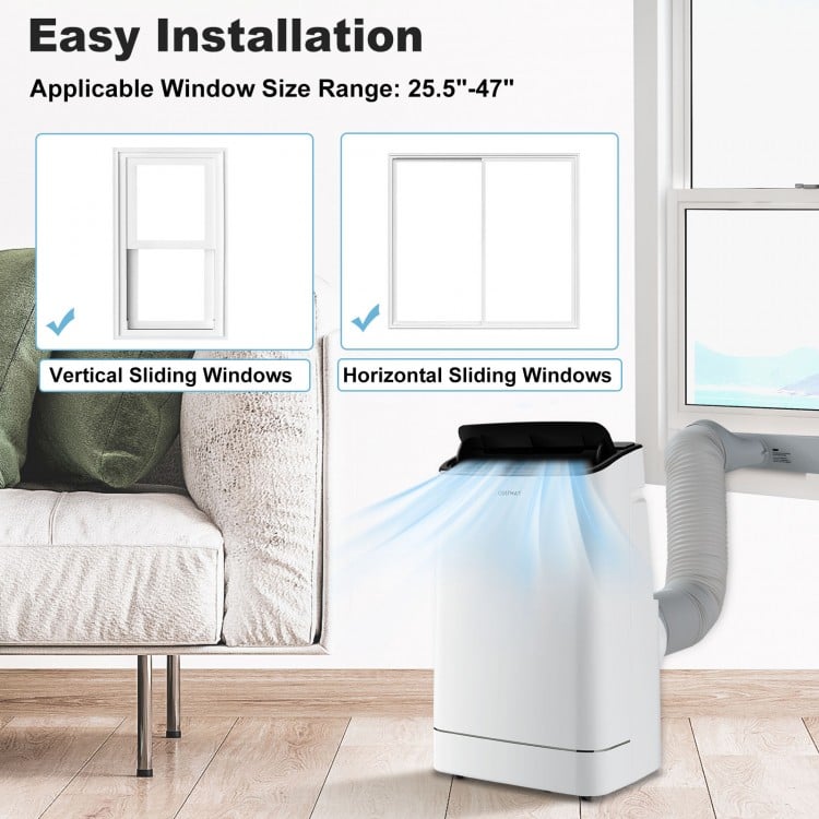 Portable air conditioner with exhaust hose, suitable for vertical and horizontal sliding windows, for efficient cooling.