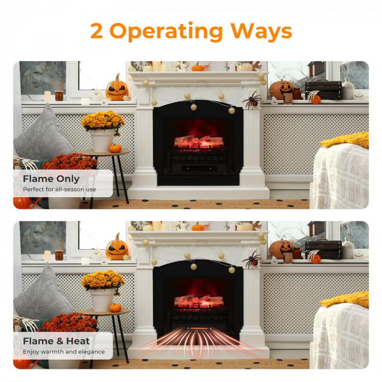 20-inch electric fireplace heater with birchwood ember bed, showcasing flame only and flame with heat options for cozy.