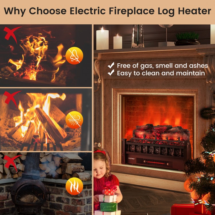 20-inch electric fireplace heater with realistic pinewood ember bed, 5120 BTU, safe and quiet for cozy indoor warmth.