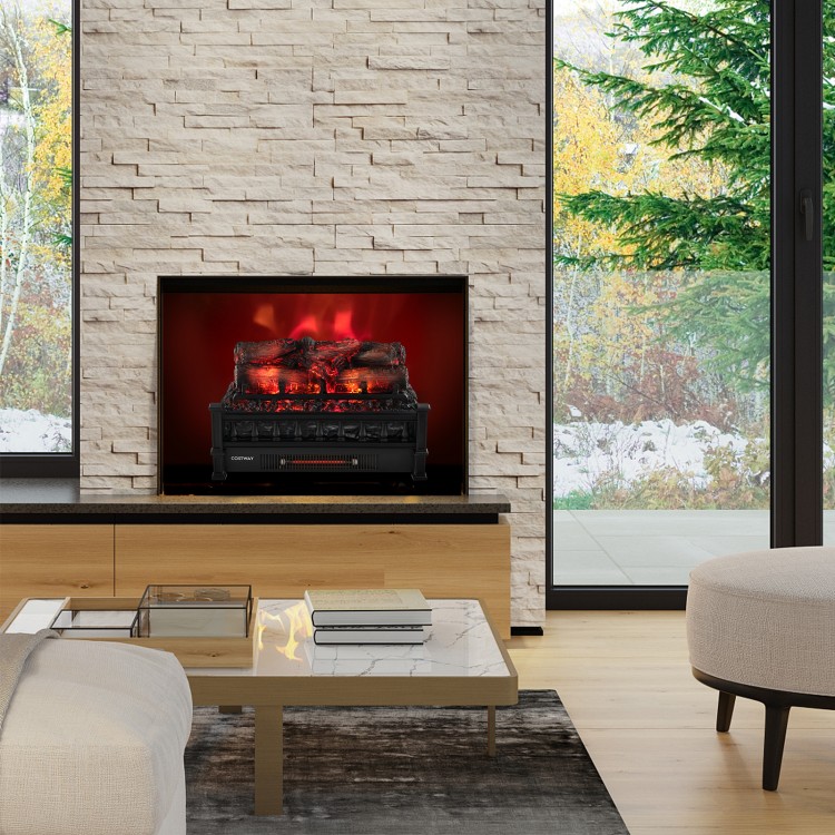 20-inch electric fireplace heater with realistic pinewood ember bed, providing warmth and ambiance in a modern living.