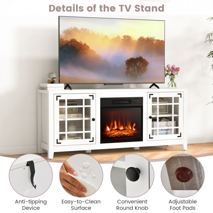 58-inch white fireplace TV stand with adjustable shelves, anti-tipping device, and convenient round knob for easy.