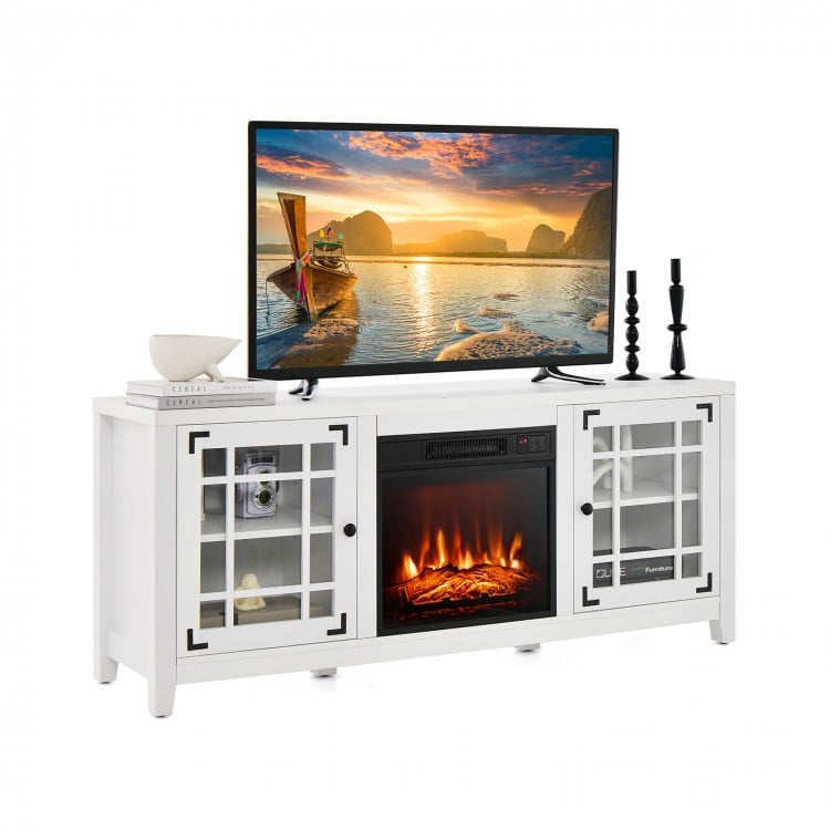 58-inch white fireplace TV stand with adjustable shelves, remote control, and stylish glass cabinet doors for TVs up to.