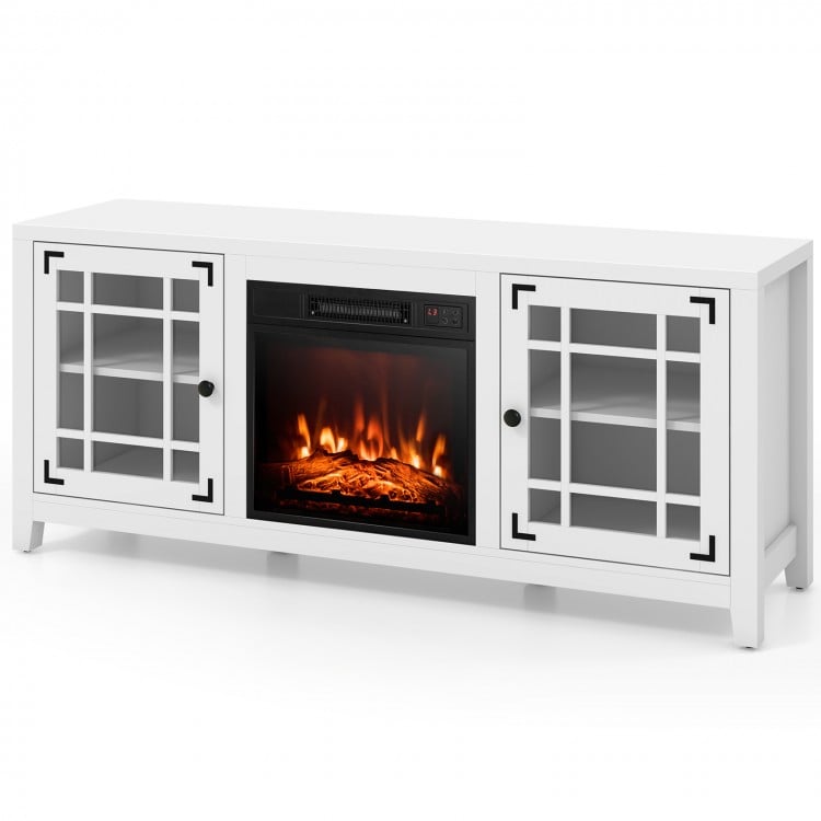 58-inch white fireplace TV stand with adjustable shelves, remote control, and a brightness-adjustable dancing flame.