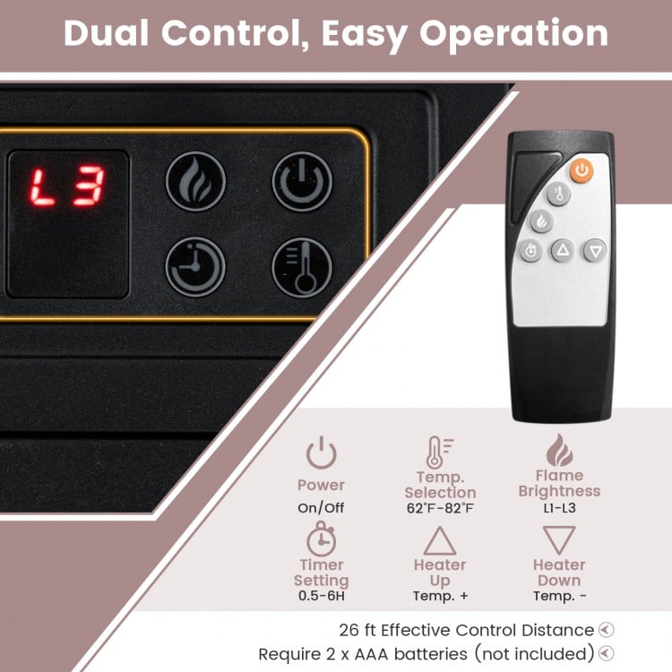 Remote control for the 58-inch fireplace TV stand, featuring dual control and adjustable flame brightness for cozy.