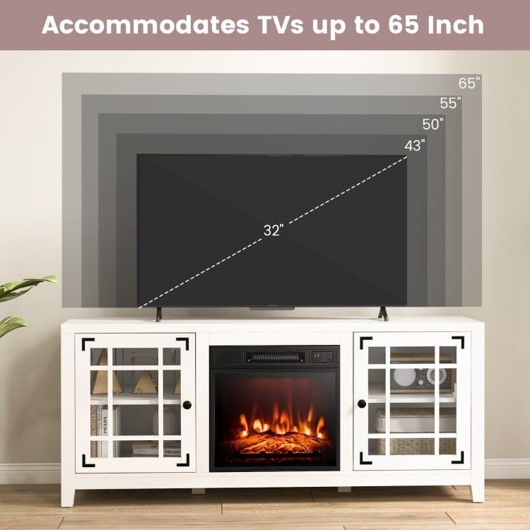 58-inch white fireplace TV stand with adjustable shelves, accommodating TVs up to 65 inches, ideal for stylish storage.