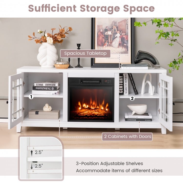58-inch white fireplace TV stand with adjustable shelves, spacious tabletop, and two cabinets for ample storage.