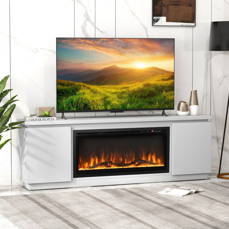Fireplace TV stand in white for TVs up to 80 inches, featuring adjustable shelves and a cozy electric fireplace.