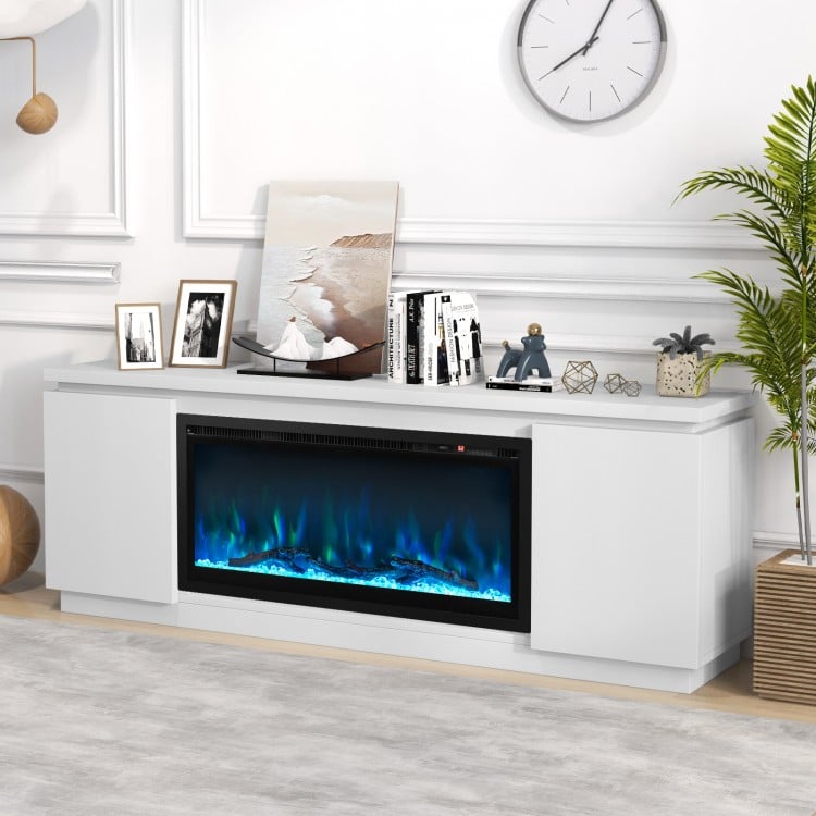 Fireplace TV stand in white for TVs up to 80 inches, featuring adjustable shelves and dual side cabinets for storage.