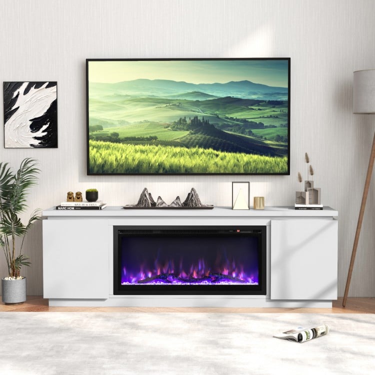 White fireplace TV stand with electric fireplace, featuring a sleek design and ample space for TVs up to 80 inches.