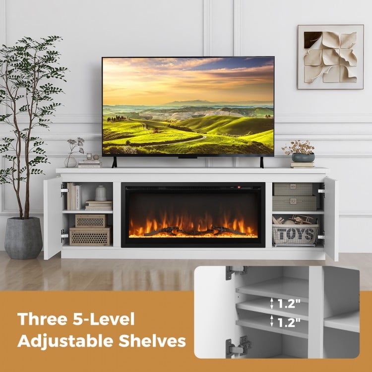 Fireplace TV stand in white with three adjustable shelves, designed for TVs up to 80 inches, perfect for living room.