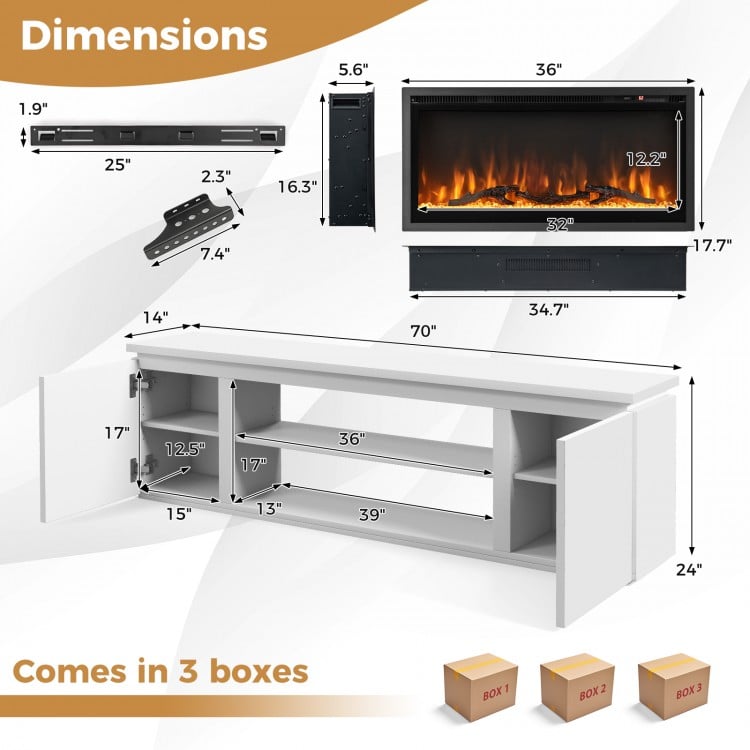Fireplace TV stand in white with dimensions, featuring adjustable shelves and dual cabinets for TVs up to 80 inches.