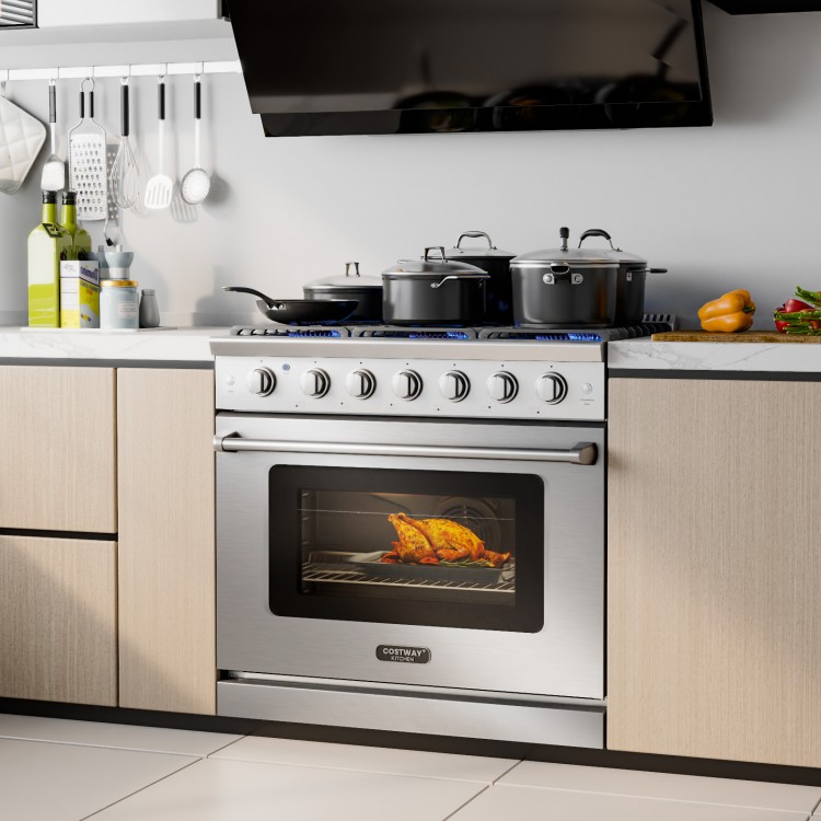 Freestanding 36-inch natural gas range with 6 burners, stainless steel finish, and spacious 6 cu.ft. oven for versatile.