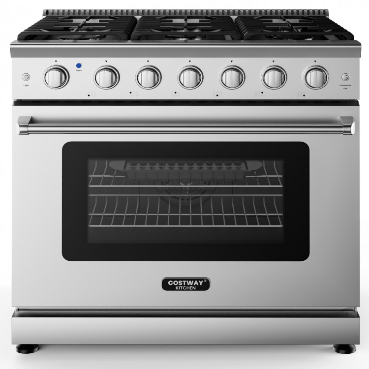 Freestanding 36-inch natural gas range with 6 burners, 6 cu.ft. oven, and storage drawer for versatile cooking.