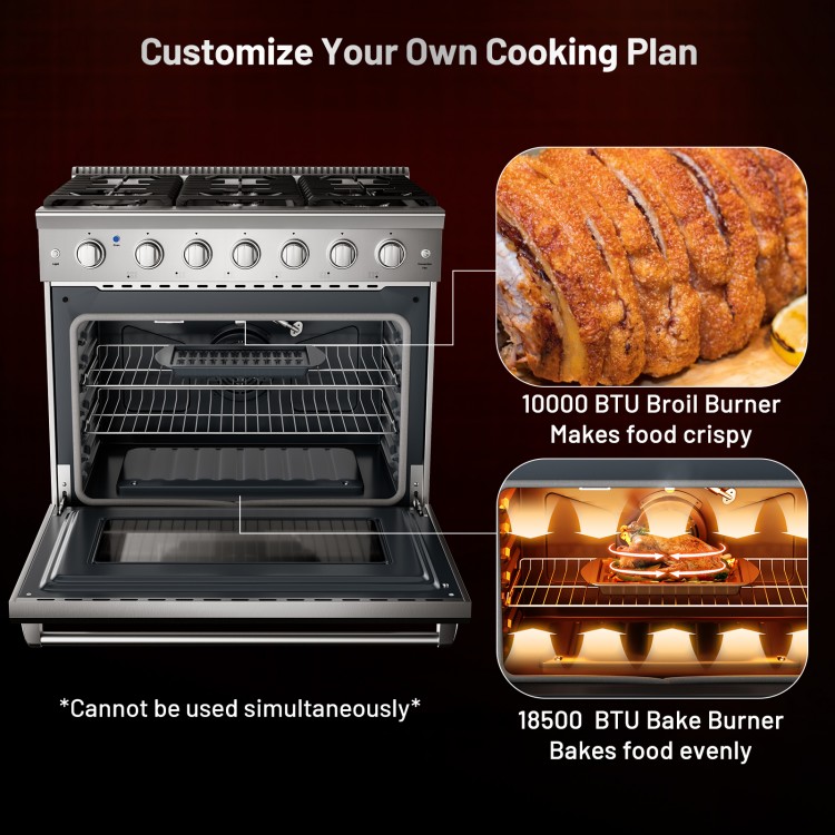 Freestanding 36-inch natural gas range with 6 burners, featuring a 10,000 BTU broil burner and 18,500 BTU bake burner.