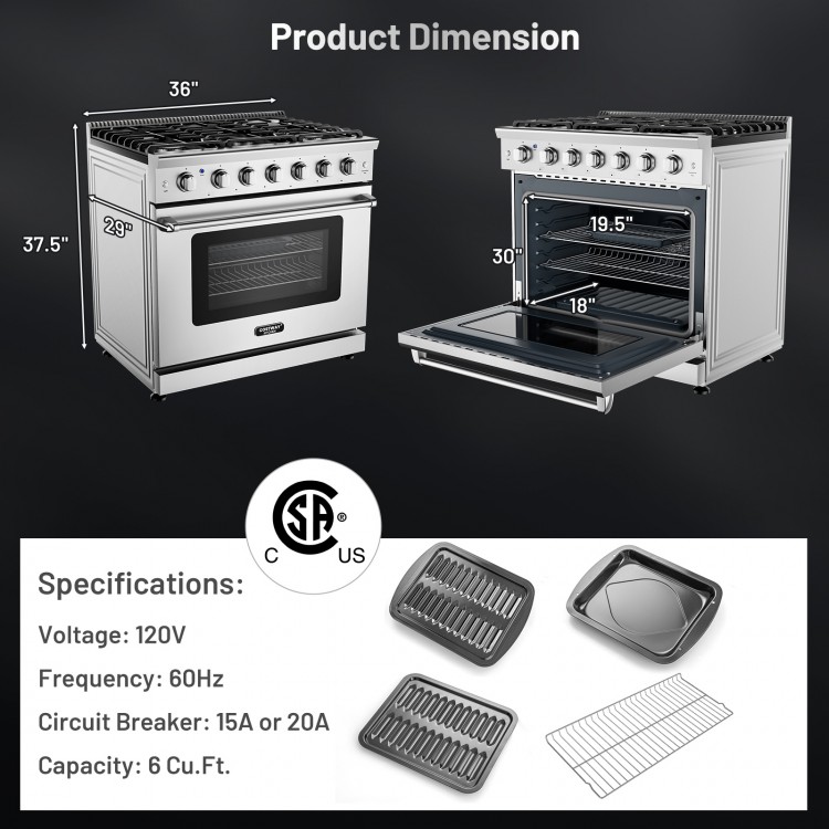 36-inch freestanding natural gas range with 6 burners, 6 cu.ft. oven, and additional storage drawer for versatile.