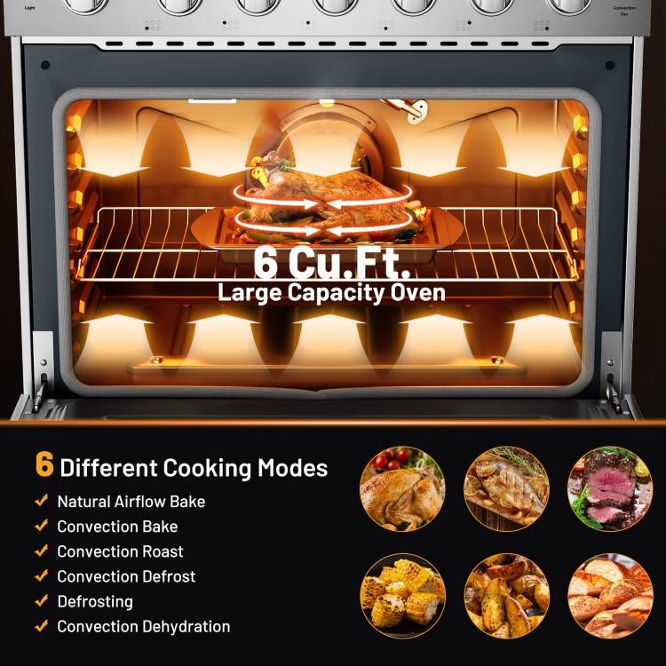 Large capacity 6 cu.ft. oven with bright internal light and convection fan, showcasing various cooking modes.