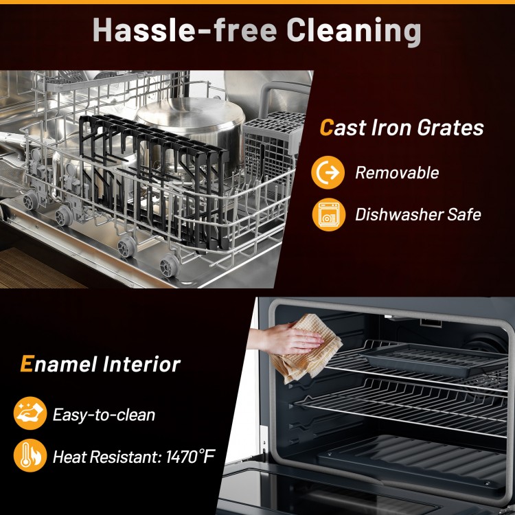 Cast iron grates and enamel interior of the 36-inch gas range, highlighting easy cleaning and maintenance features.