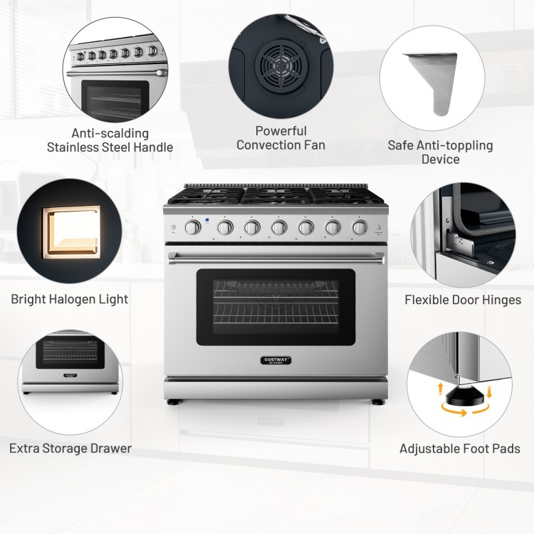36-inch freestanding natural gas range with 6 burners, convection fan, and extra storage drawer for versatile cooking.
