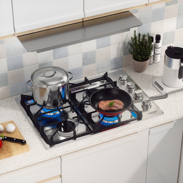 Gas cooktop with 4 powerful burners, stainless steel surface, and ABS knobs, ideal for versatile cooking in the kitchen.